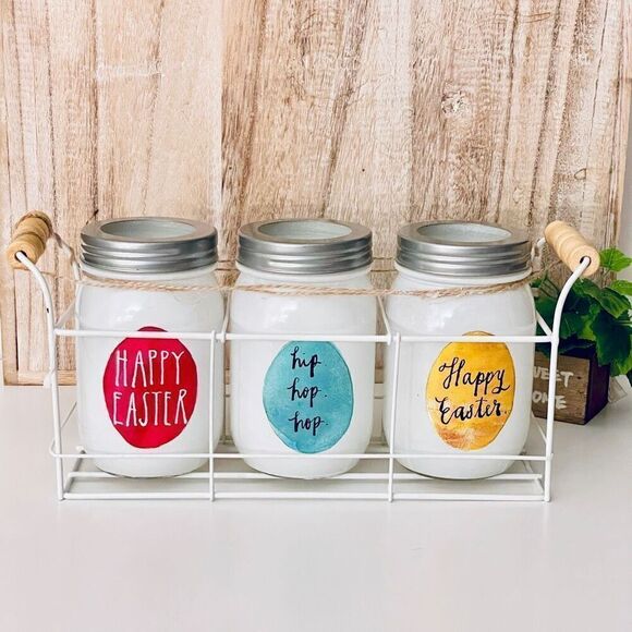 NWT Rae Dunn 4 Pcs Farmhouse Easter Mason Glass Jars & Metal Caddy Carrier Tray - Picture 1 of 12